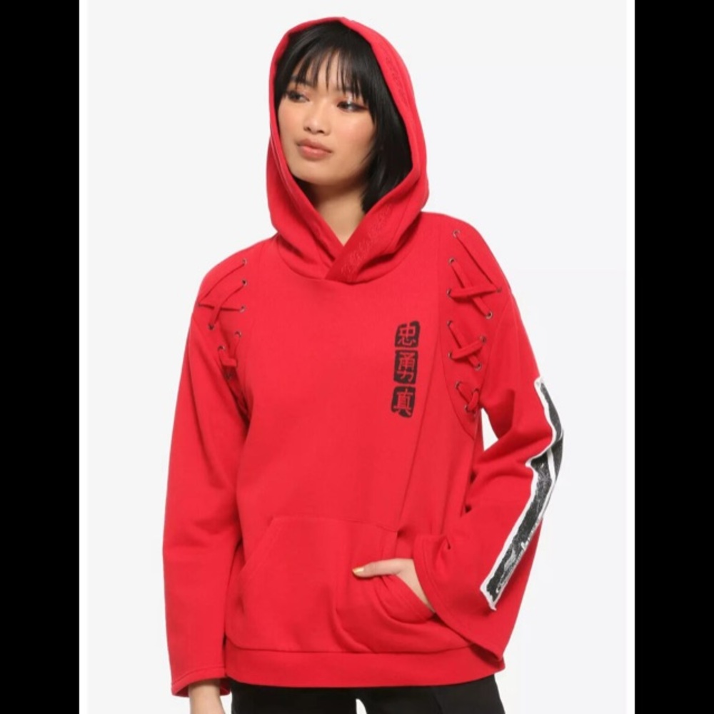 DISNEY Mulan Lace-Up Bell Sleeve Women Red Hoodie | S